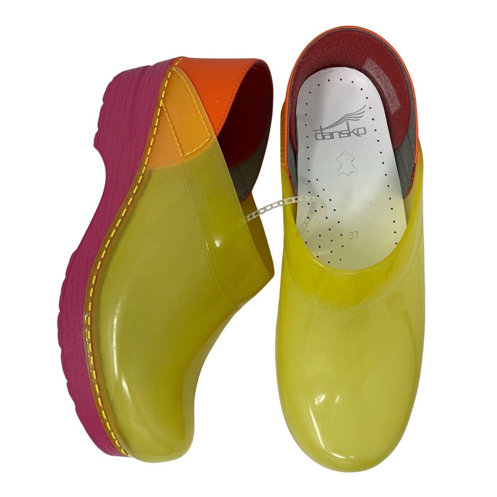 Dansko Yellow Patent Leather Clogs with Pink & Orange Accents
